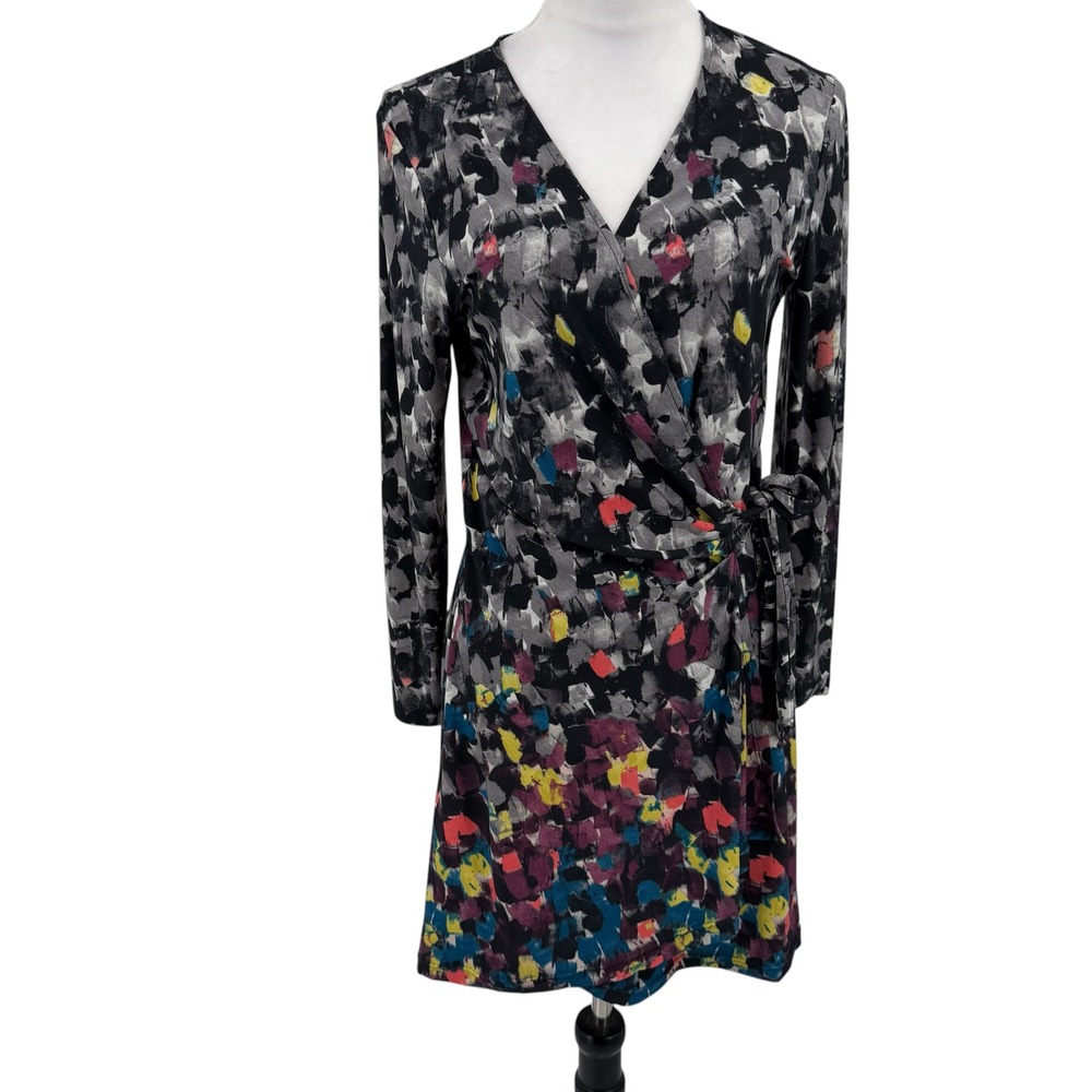 BCBGMAXAZRIA Wrap Jersey Dress Women L Multi Color Abstract Print Long Sleeve